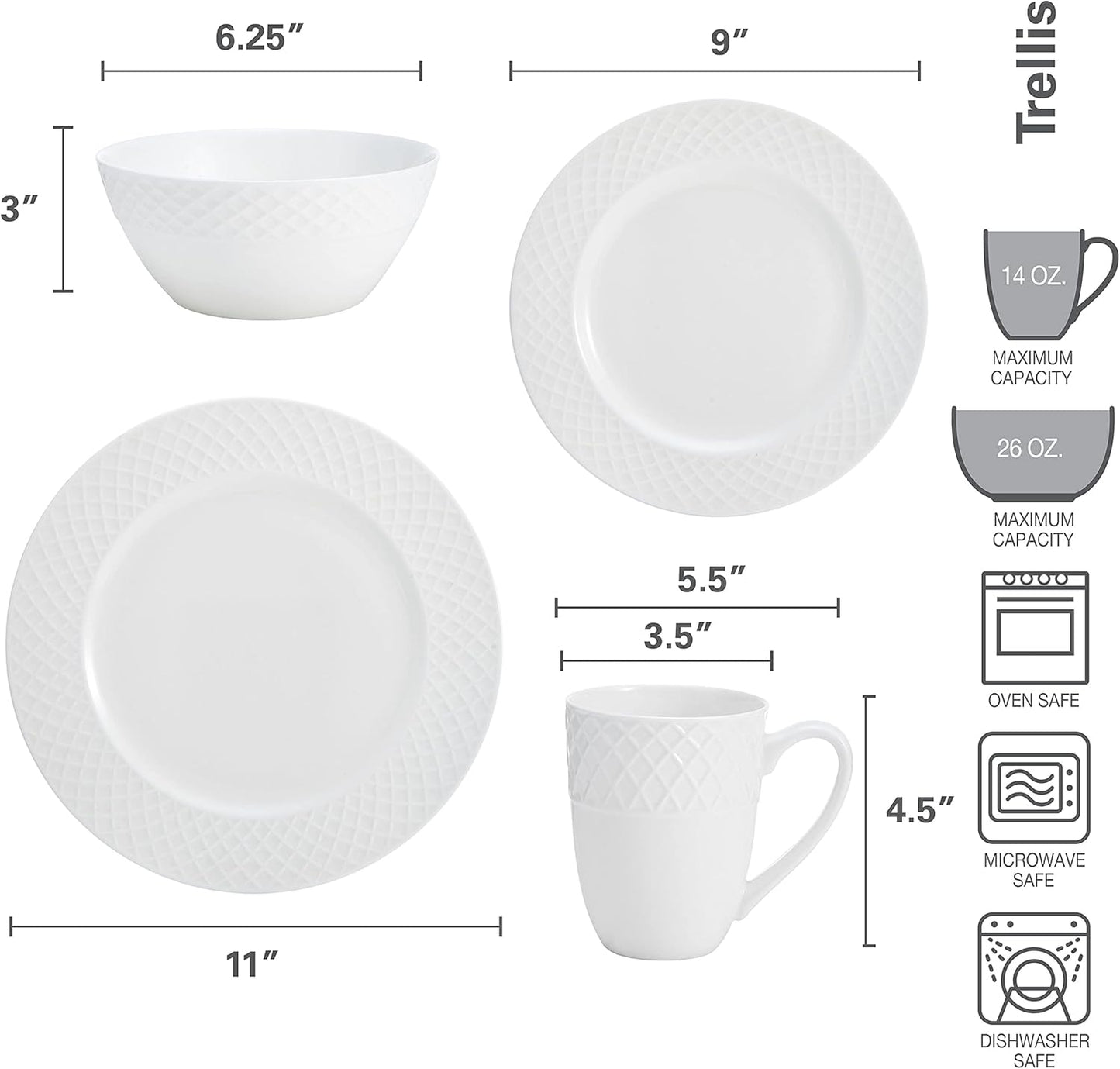 Mikasa Trellis Bone China 16-Piece Dinnerware Set, Service for 4, White Lightweight Porcelain with