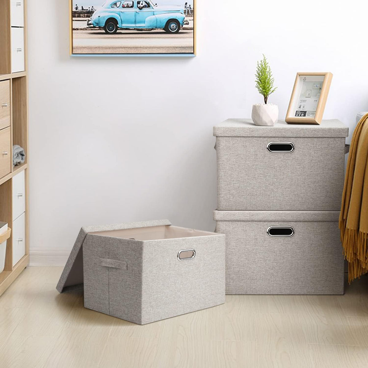 Large 17" 36 Quart Collapsible Stackable Storage Bins with Lids, 3 Packs Beige Linen Fabric Closet