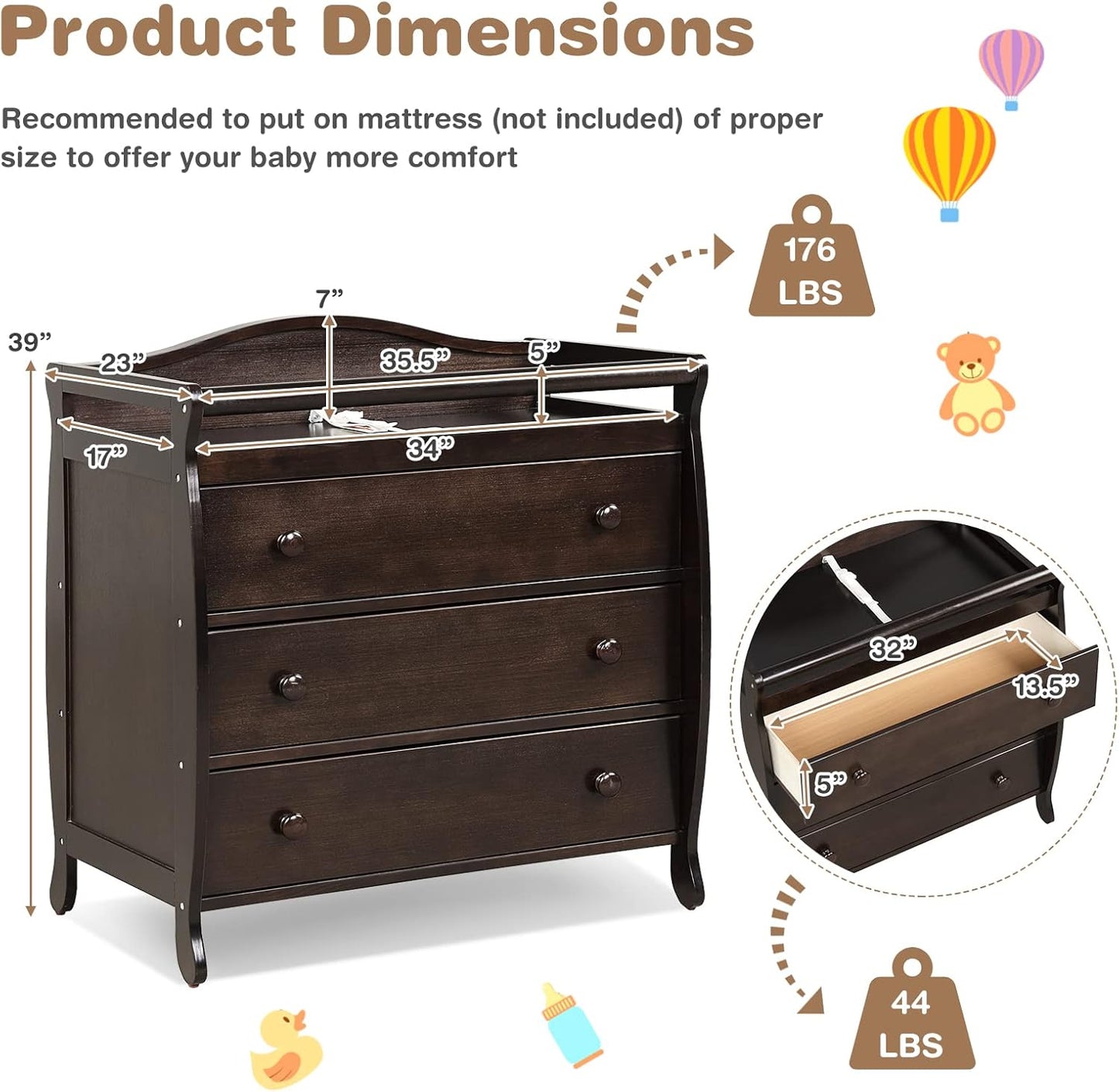 Costzon 3-Drawer Changing Table, Infant Diaper Changing Station with Drawers, Safety Rails & Strap