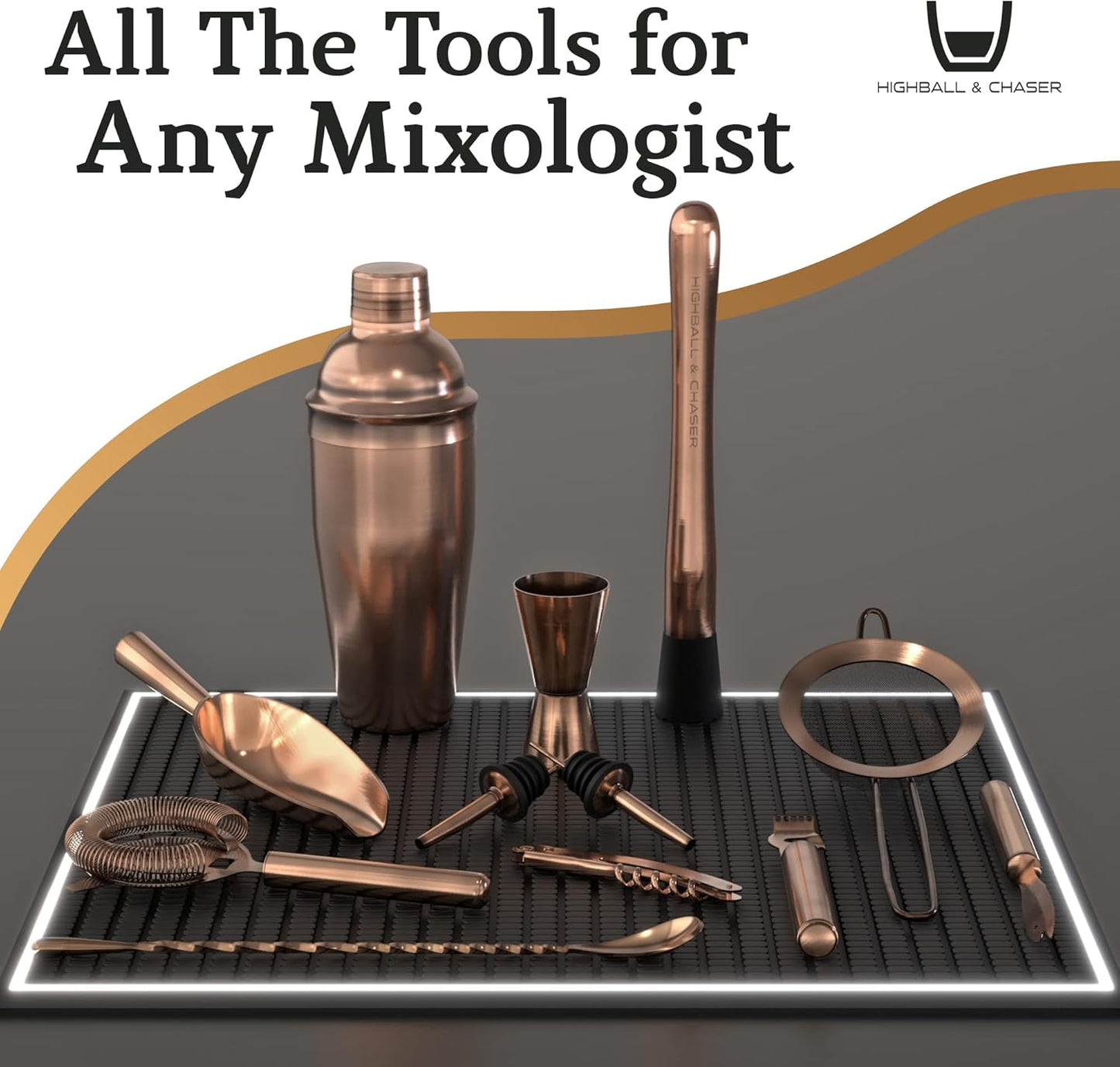Highball & Chaser 13-Piece Cobbler Cocktail Shaker Set Matte Copper Stainless Steel Bartender Kit