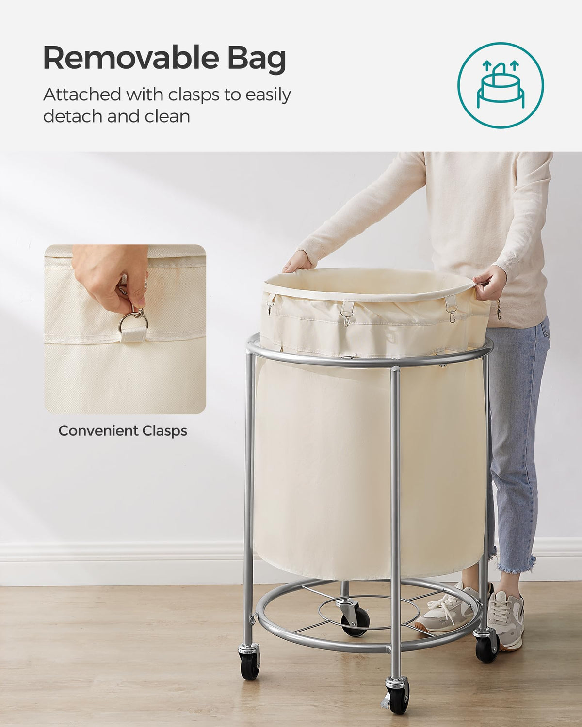 SONGMICS Laundry Basket, Rolling Steel Frame with 2 Locking Wheels, 190 L
