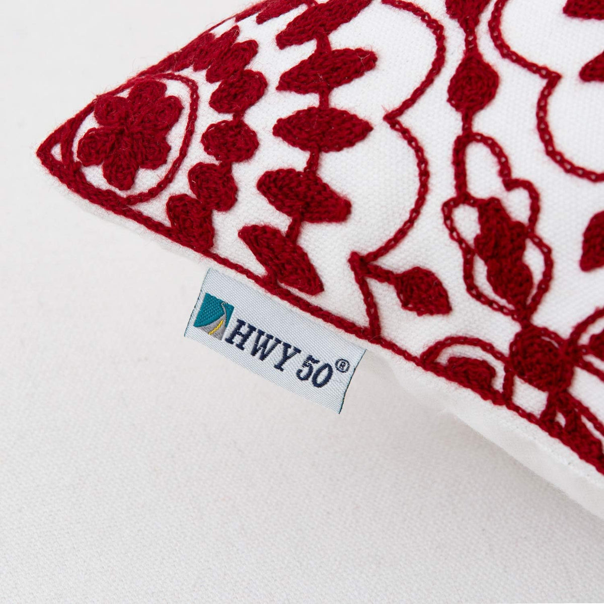 HWY 50 Red Decorative Throw Pillow Covers 18x18 Inch (1 Piece), Embroidered Cotton Farmhouse