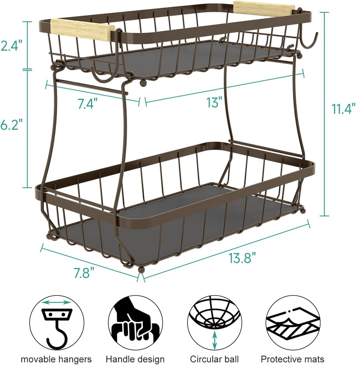 2 Tier Fruit Basket for Kitchen Counter with 2 Banana Hangers, 2025 Pro Detachable Metal Fruit Bowl