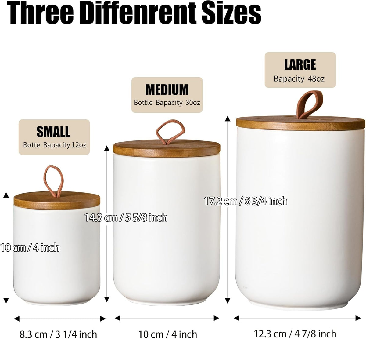 White Canister Sets for Kitchen, 3pcs Ceramic Canisters with Airtight Wooden Lid, Food Storage Jar