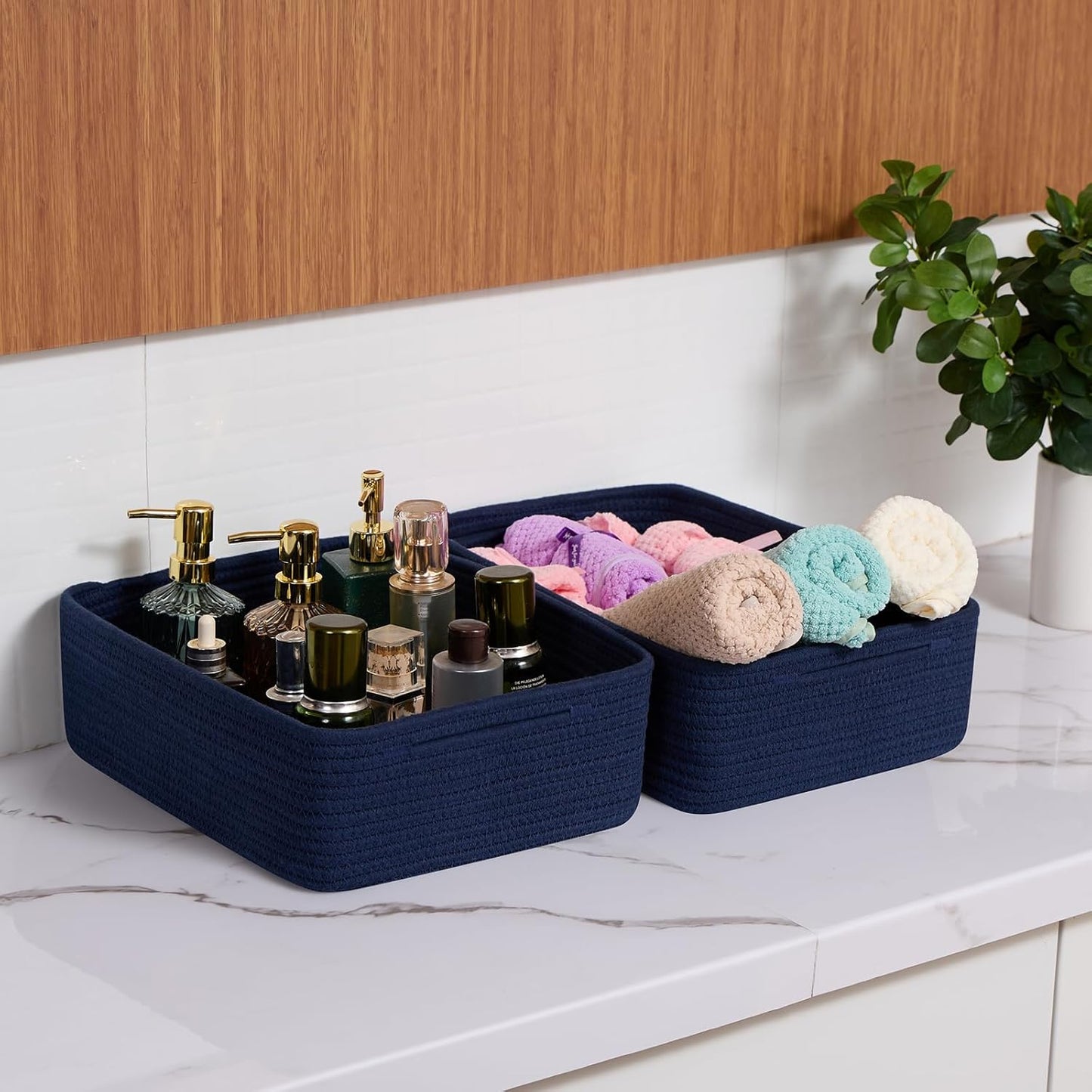 Large Shallow Organizing Baskets 15x11x5.1 Inches - Rope Woven Storage Bins for Bathroom, Shelves