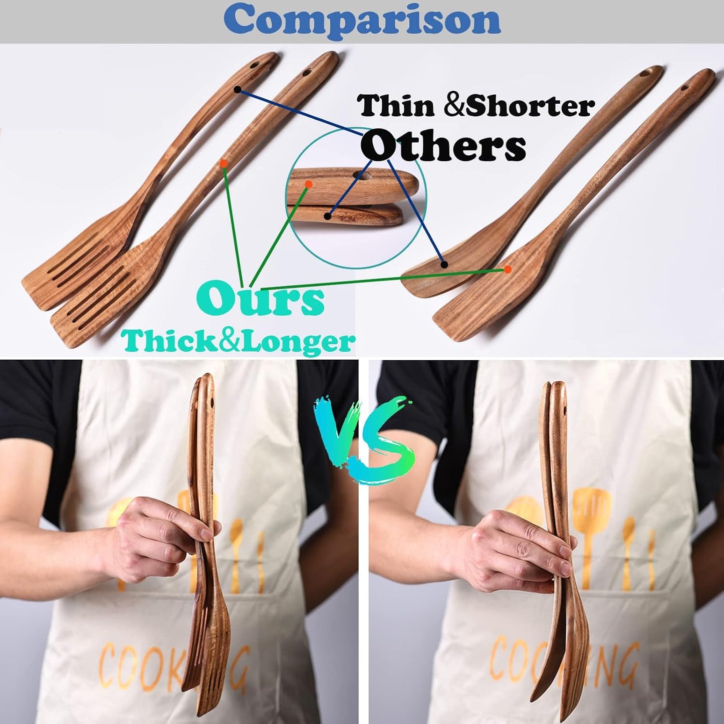 Gudamaye 13 inch Long Wooden Utensils for Cooking, Long Handle Wooden Spoons for Cooking, 7 PCES
