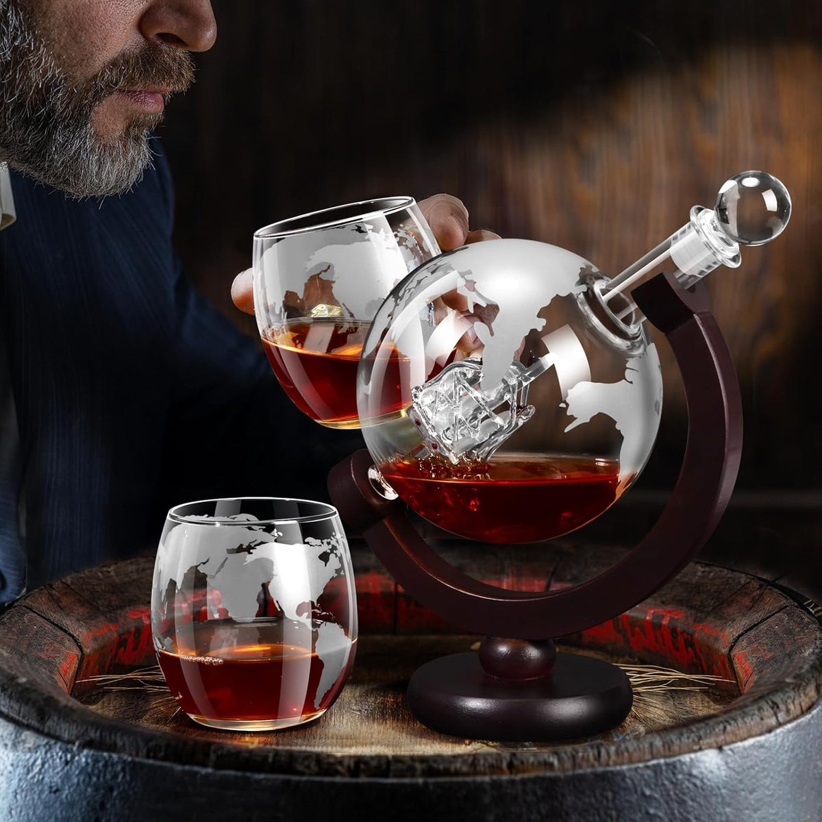 Whiskey Decanter Sets for Men, Whiskey Decanter Globe Set with 2 Etched Globe Whisky Glasses for