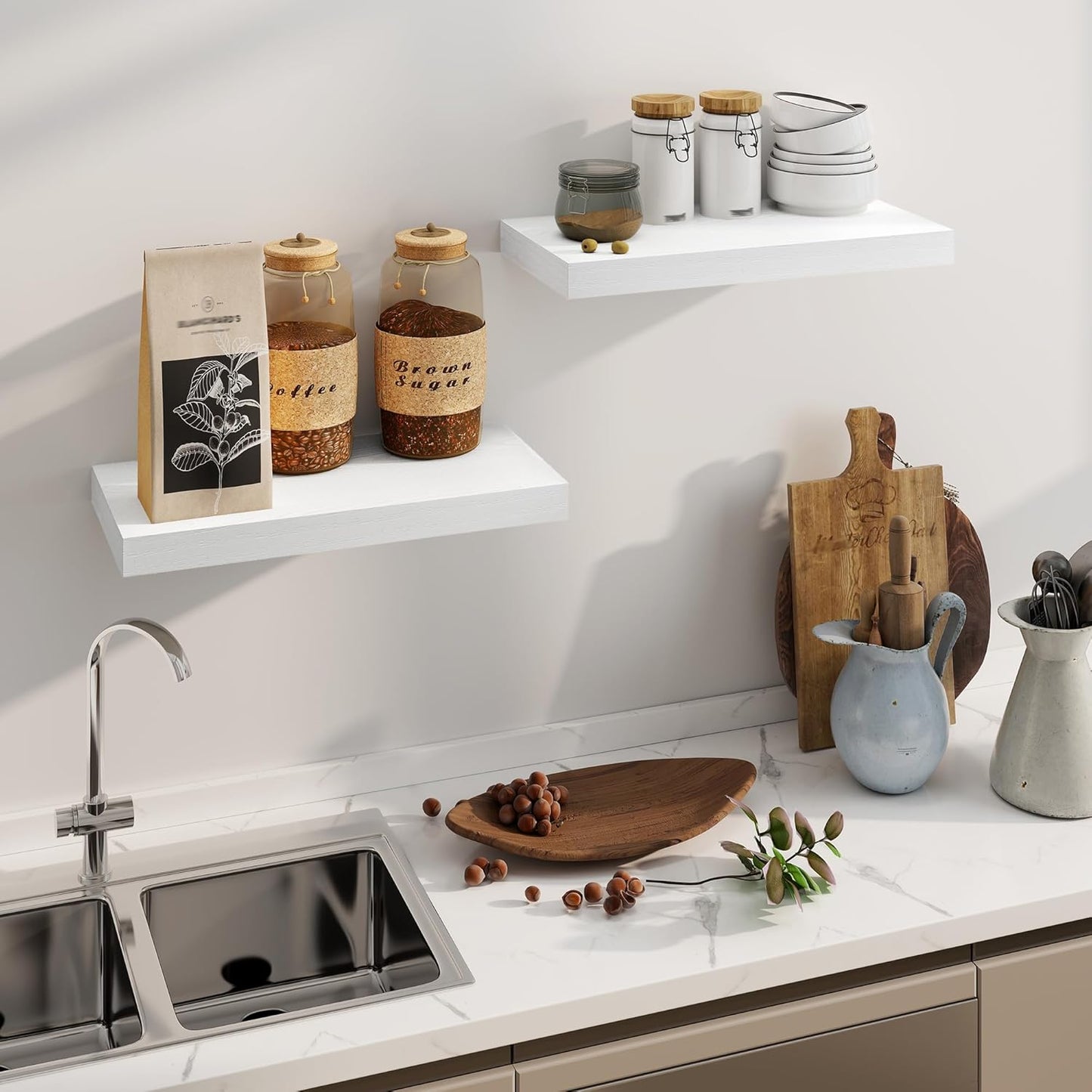 Fun Memories White Floating Shelves, 8 Inch Deep Wall Shelves Set of 2, Rustic Deep Shelves for