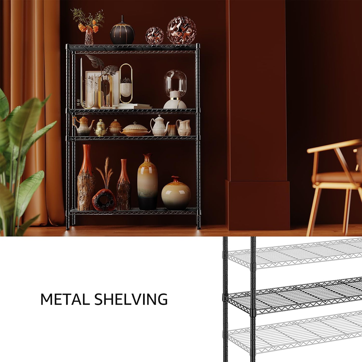IZEUK 1400 LBS Garage Black Shelving Wide Storage Shelves 4 Tier Adjustable Heavy Duty Metal Wire