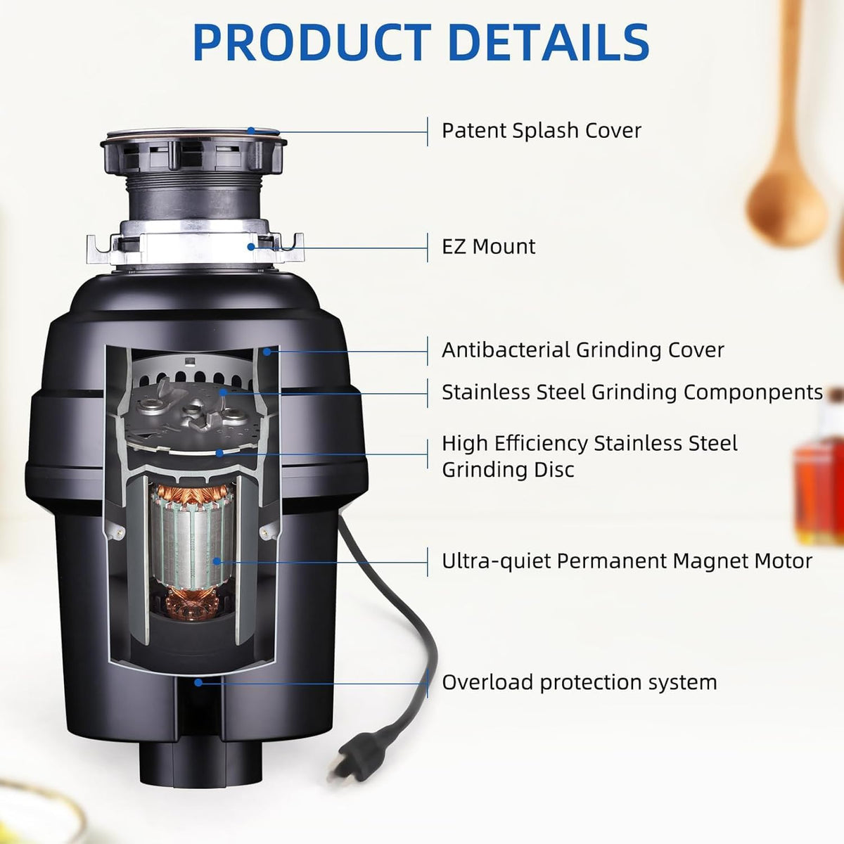 Powerful 1HP Stainless Steel Garbage Disposer, Dishwasher-Friendly and Continuous Feeding Waste