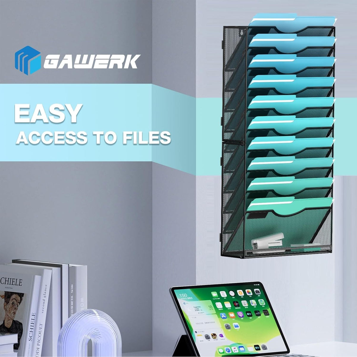 11-Tier Wall File Organizer Hanging Wall File Holder Wall Mount Paper Folder Organize, Mesh