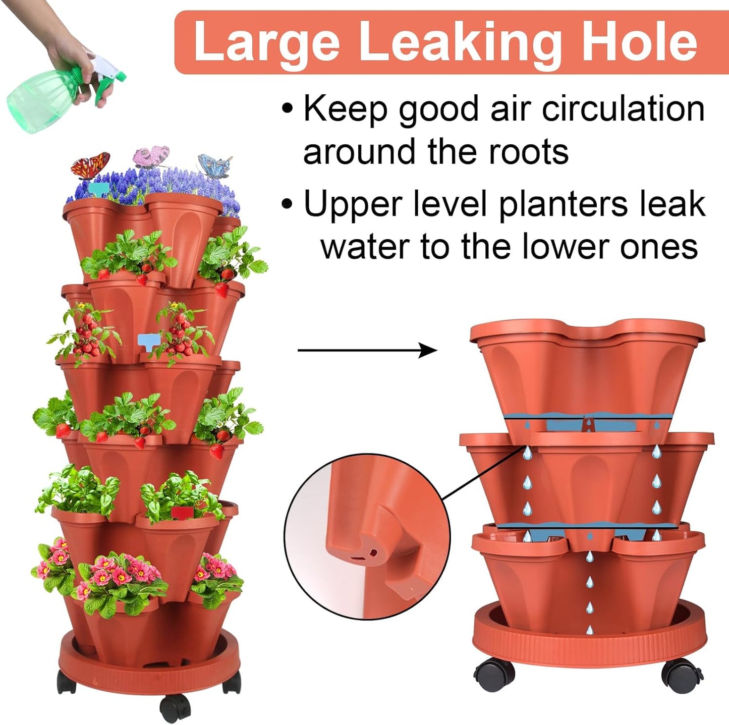 Vertical Planter, 6 Tier Stackable Strawberry Planter with Garden Tool Set, Movable Indoor/Outdoor