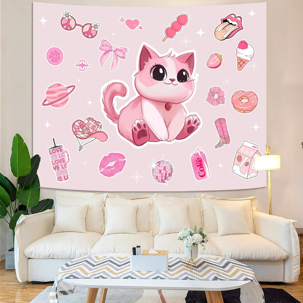 Lunerfex Y2K Tapestry Pink Cat Wall Tapestry, Cute Tapestries for Bedroom Funny Tapestries Wall
