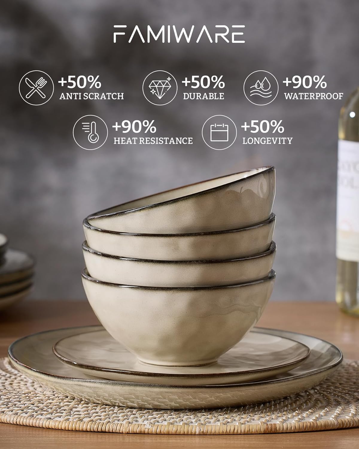 Famiware Dinnerware Sets for 6, Ocean Round 18-Piece Kitchen Plates and Bowls Sets, Microwave and