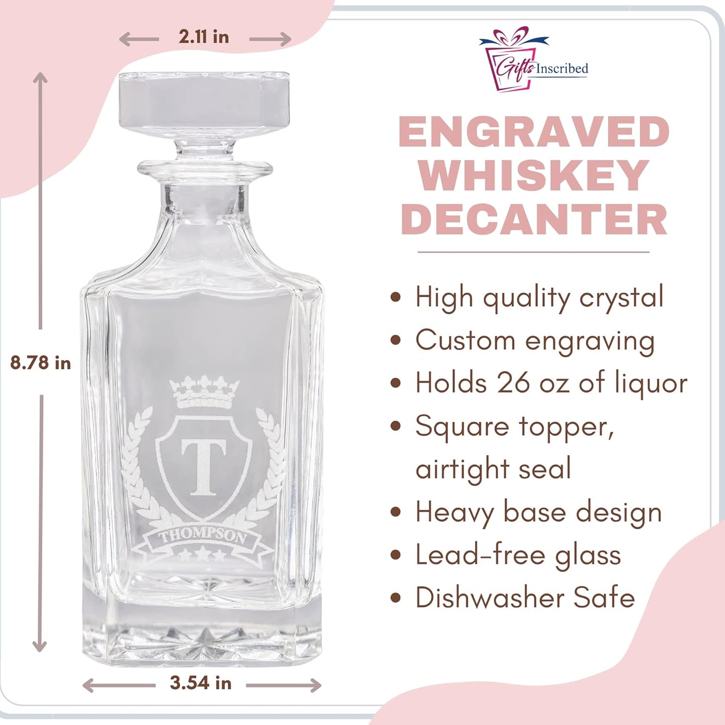 Gifts Inscribed Personalized Whiskey Decanter Set - Engraved Whiskey Decanter Bottle & Set of 4