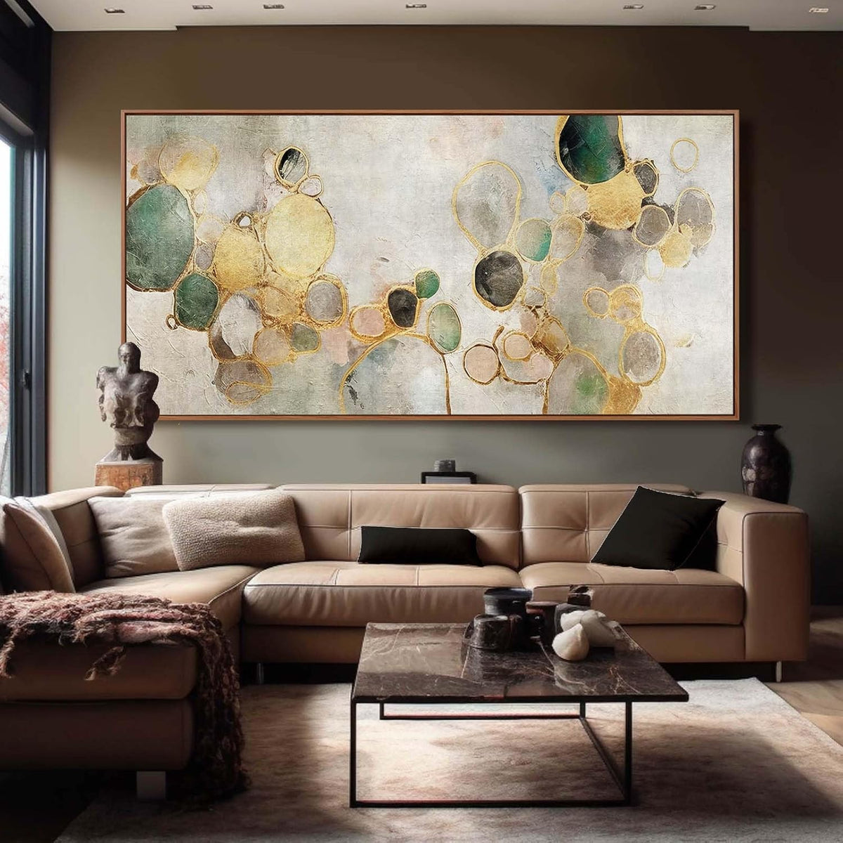 YJYart Circle Canvas Wall Decor Green and Gold Wall Art Posters Abstract Wall Decorations 36"x70"