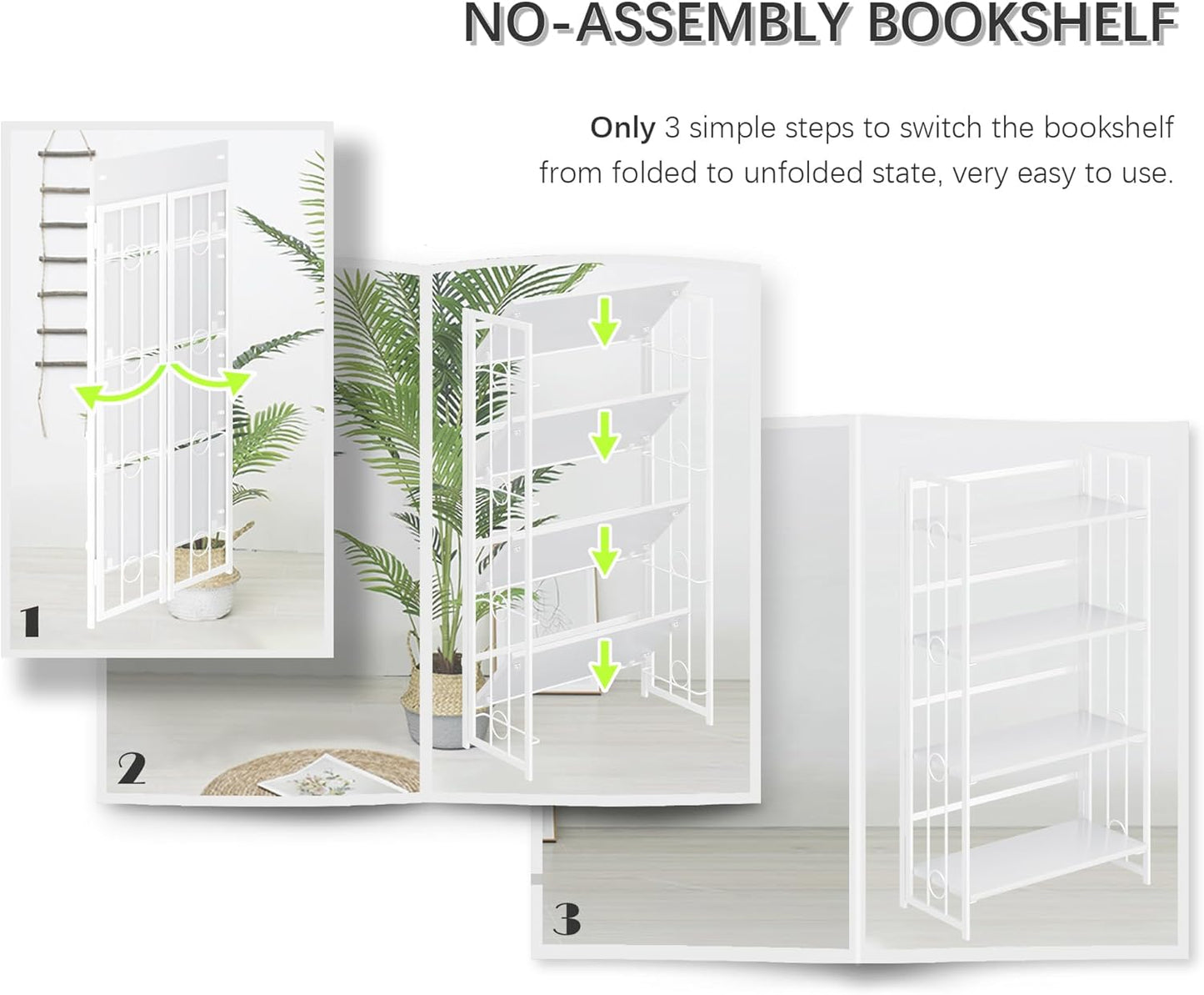 4NM No Assembly 4 Tiers Folding Bookshelf, 47.2" H Foldable Storage Shelves Vintage Bookcase