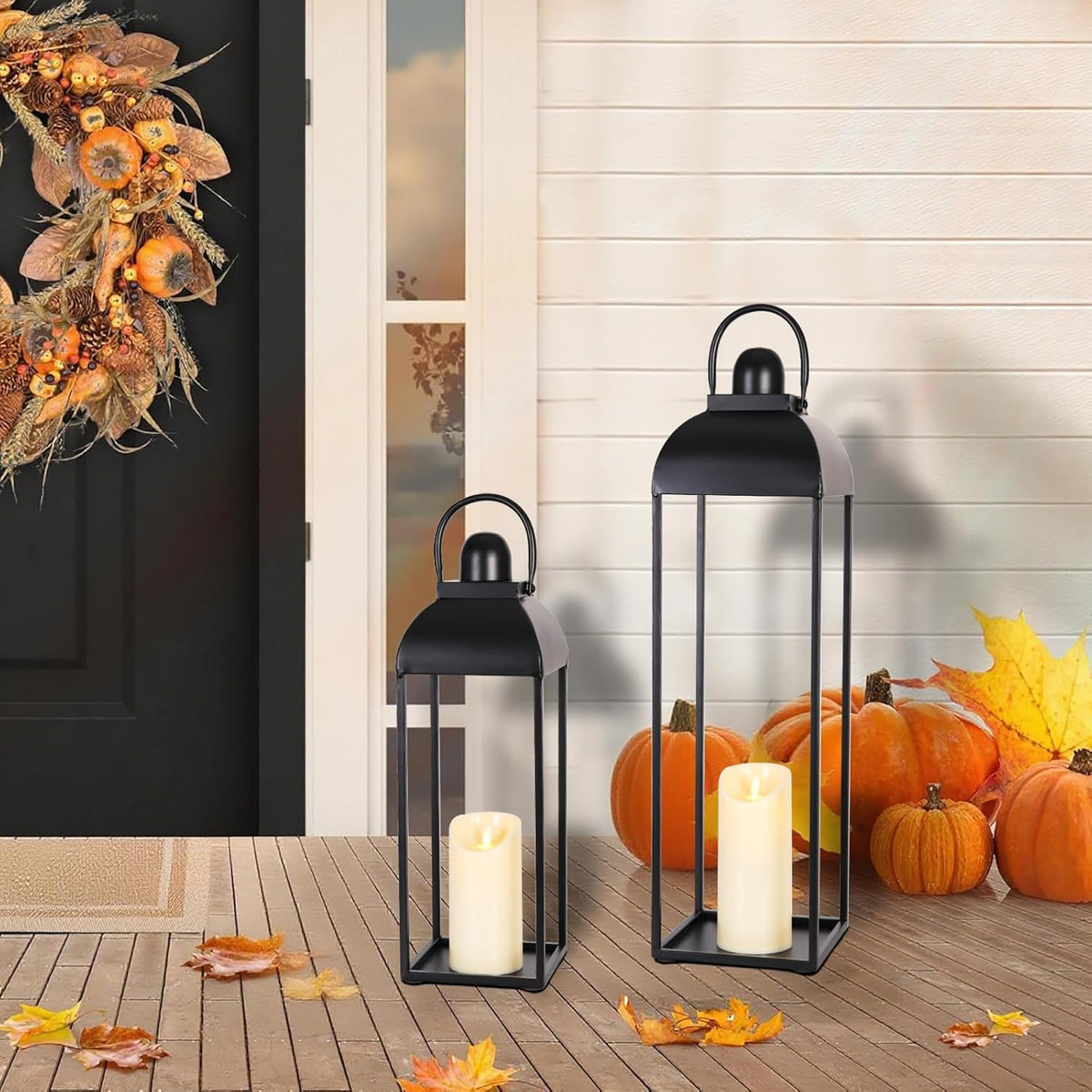 25'' 19'' Lanterns Decorative Outdoor Indoor, Black Metal Outdoor Candle Lanterns, Set of 2 Modern
