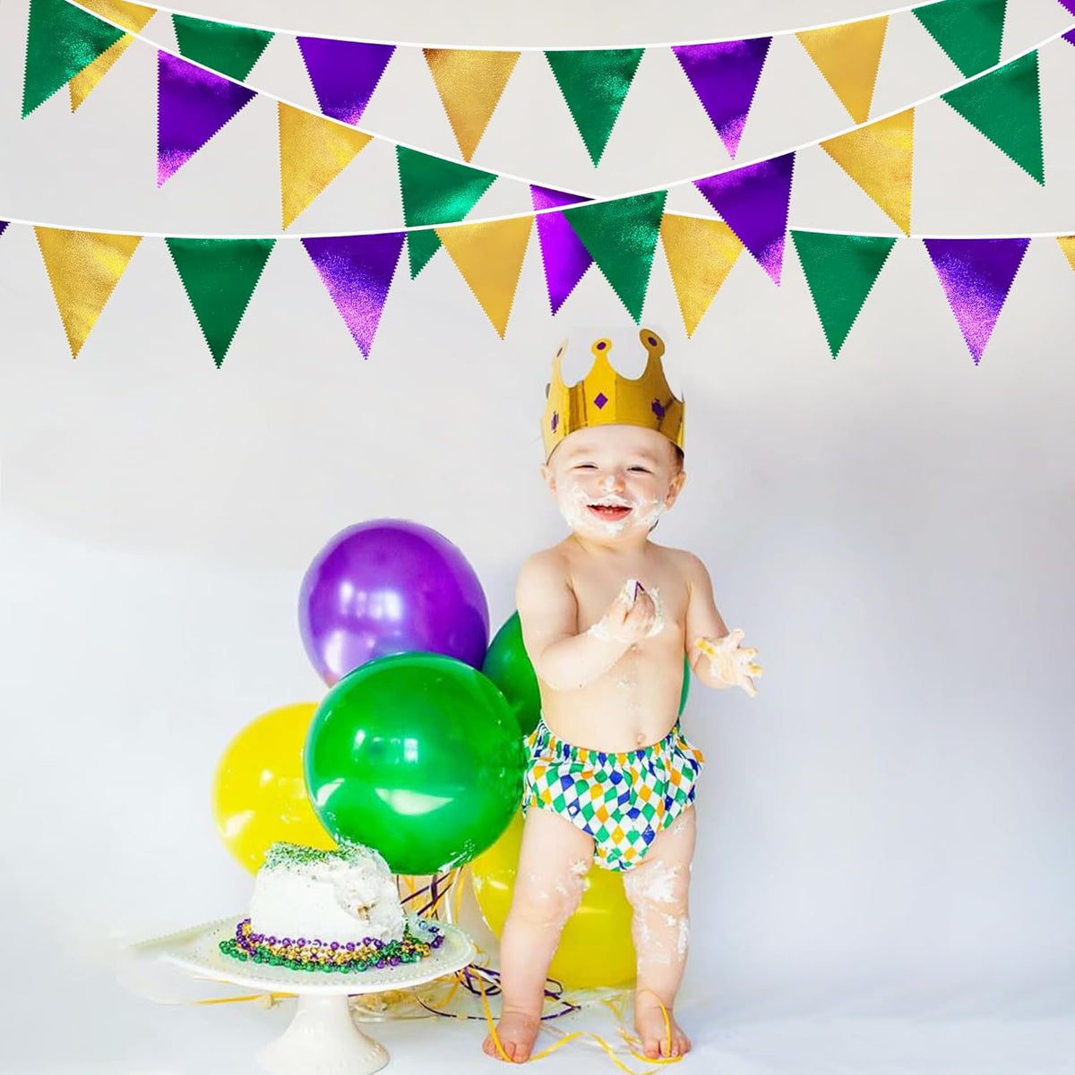 Mardi Gras Party Decorations Purple Green and Gold Metallic Fabric Triangle Pennant Banner Flag