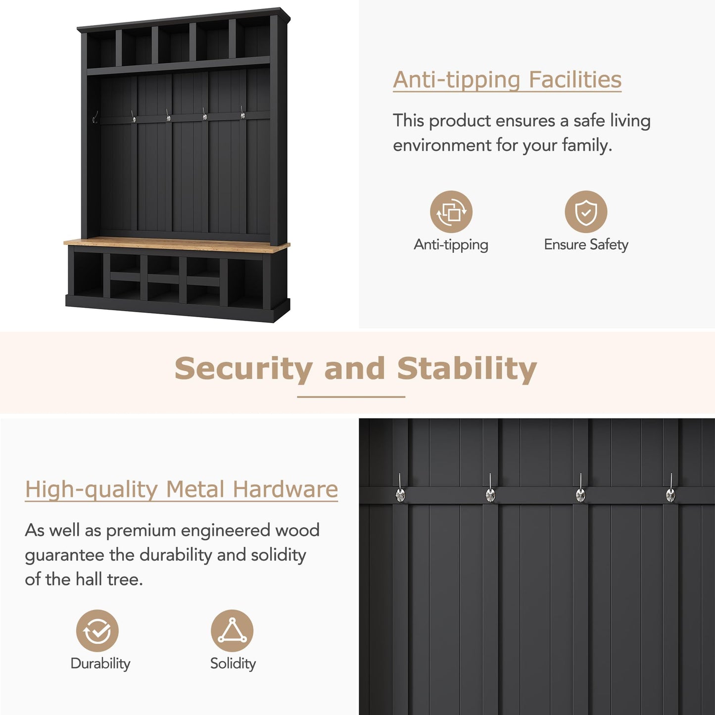 Farmhouse Wood Hall Tree with Bench and Shoe Storage, 5-in-1 Coat Rack with 6 Hooks for Entrance