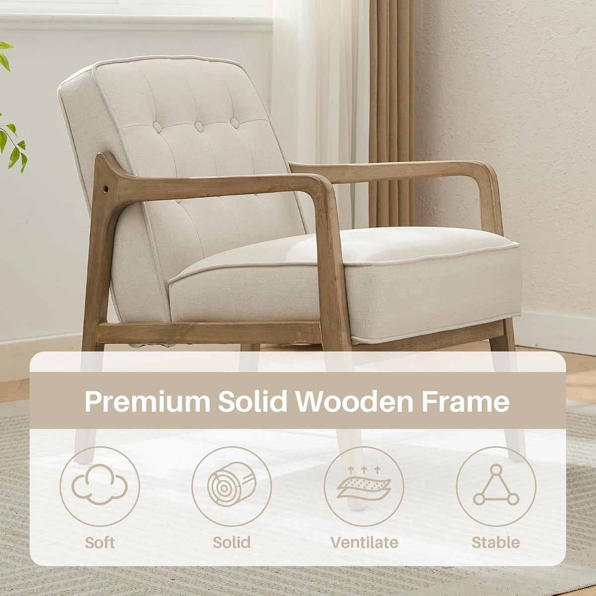Linen Accent Chair, Mid Century Modern Chair for Living Room, Upholstered Comfy Lounge Armchair