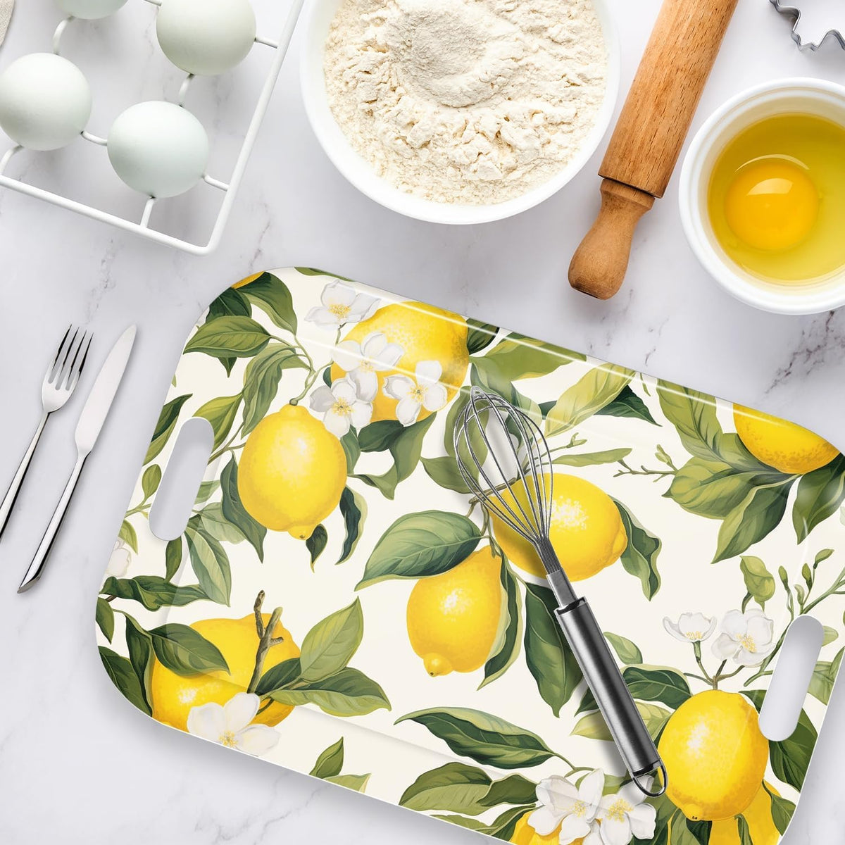 Serving Trays with Handles, 14.5 x 9.8 inch Rectangular Plastic Tray for Restaurant, Kitchen, Lemon