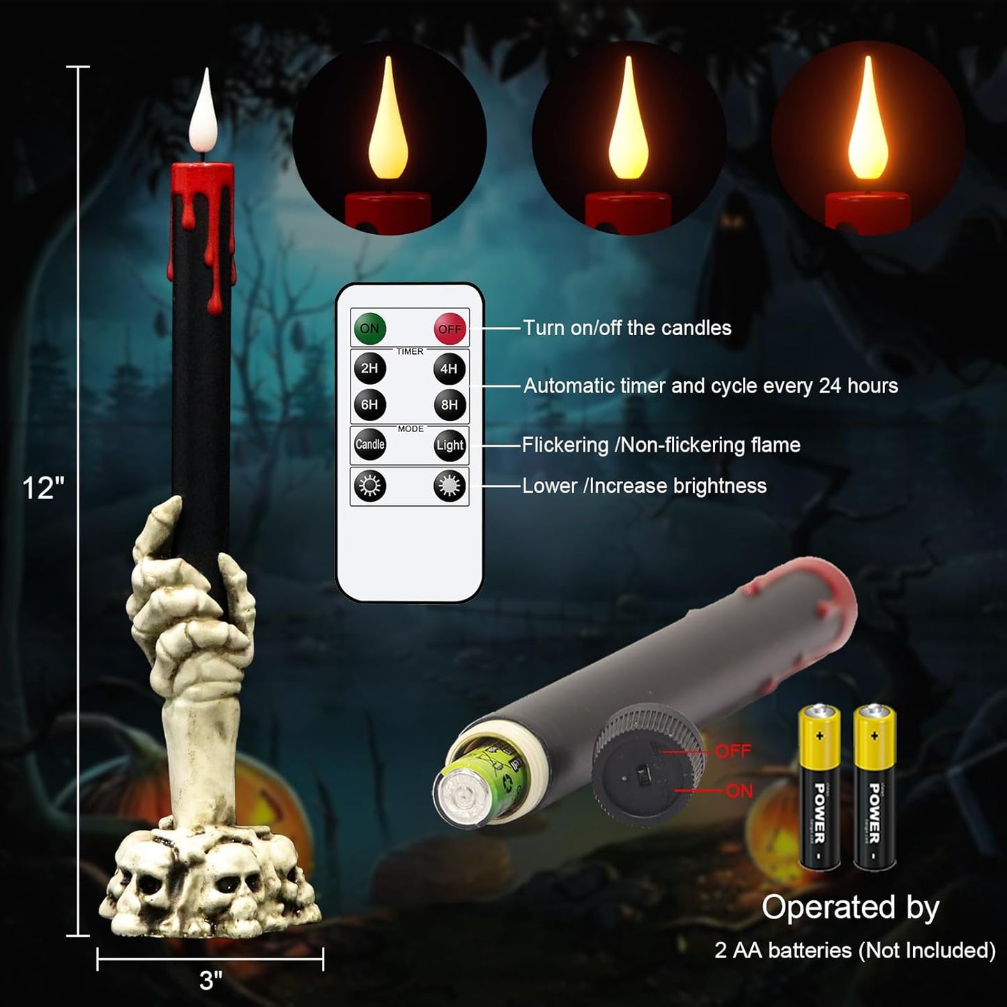 GenSwin Halloween Black Taper Flameless Candles with Ghost Hand Candlesticks and Remote Timer, 2