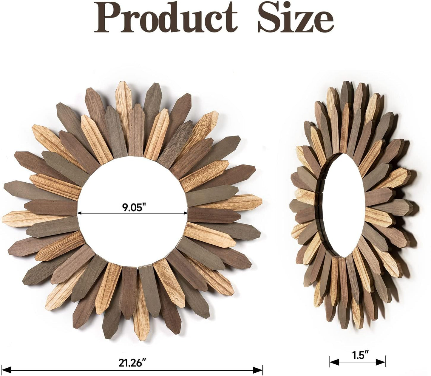 Honiway Boho Wall Decor 21 inch Wall Mirror Rustic Wood Decorative Mirror for Room Decor Rustic