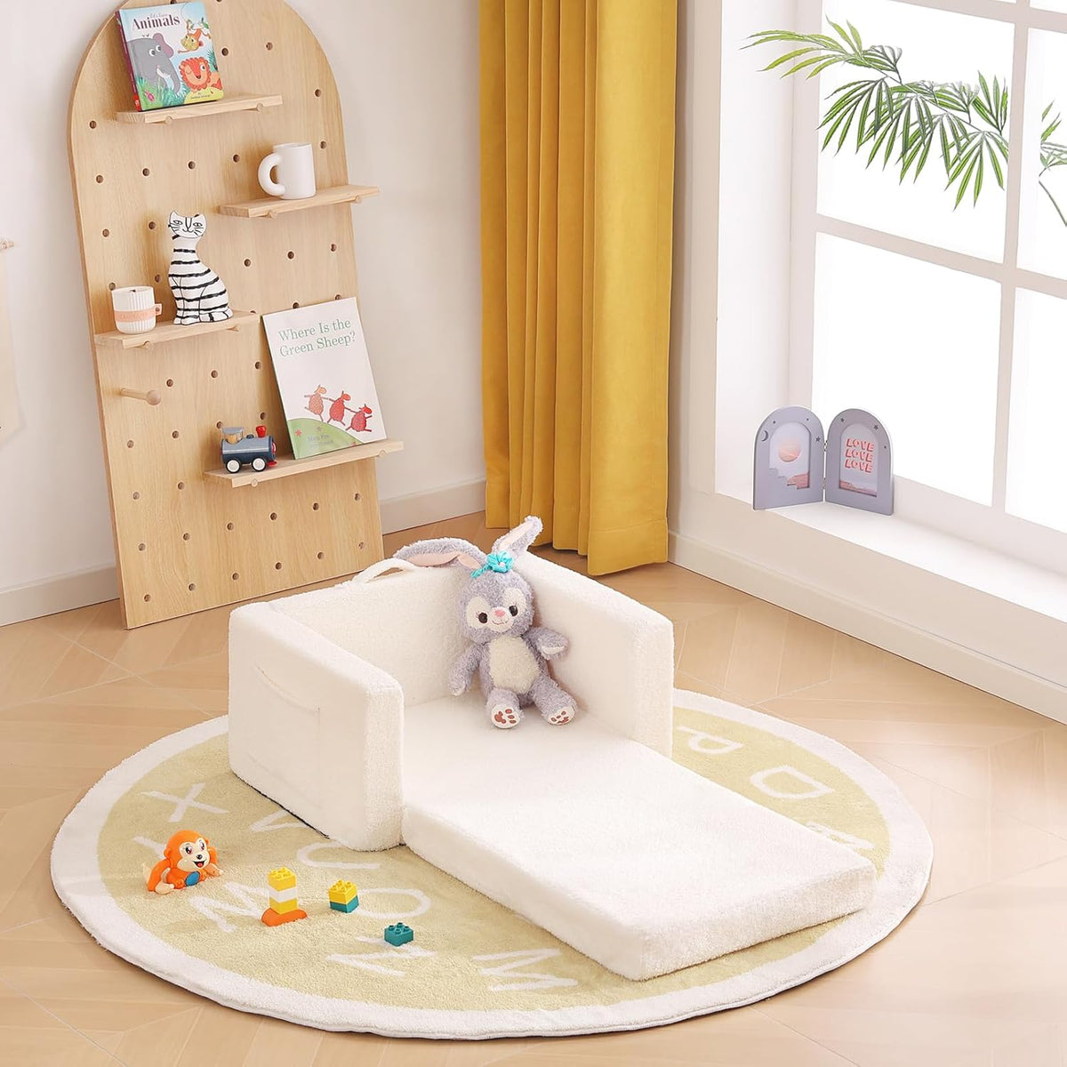 Toddler Chair Sherpa Kids Couch, 2-in-1 Soft Kids Sofa Lounger for Bedroom, Convertible Couch for