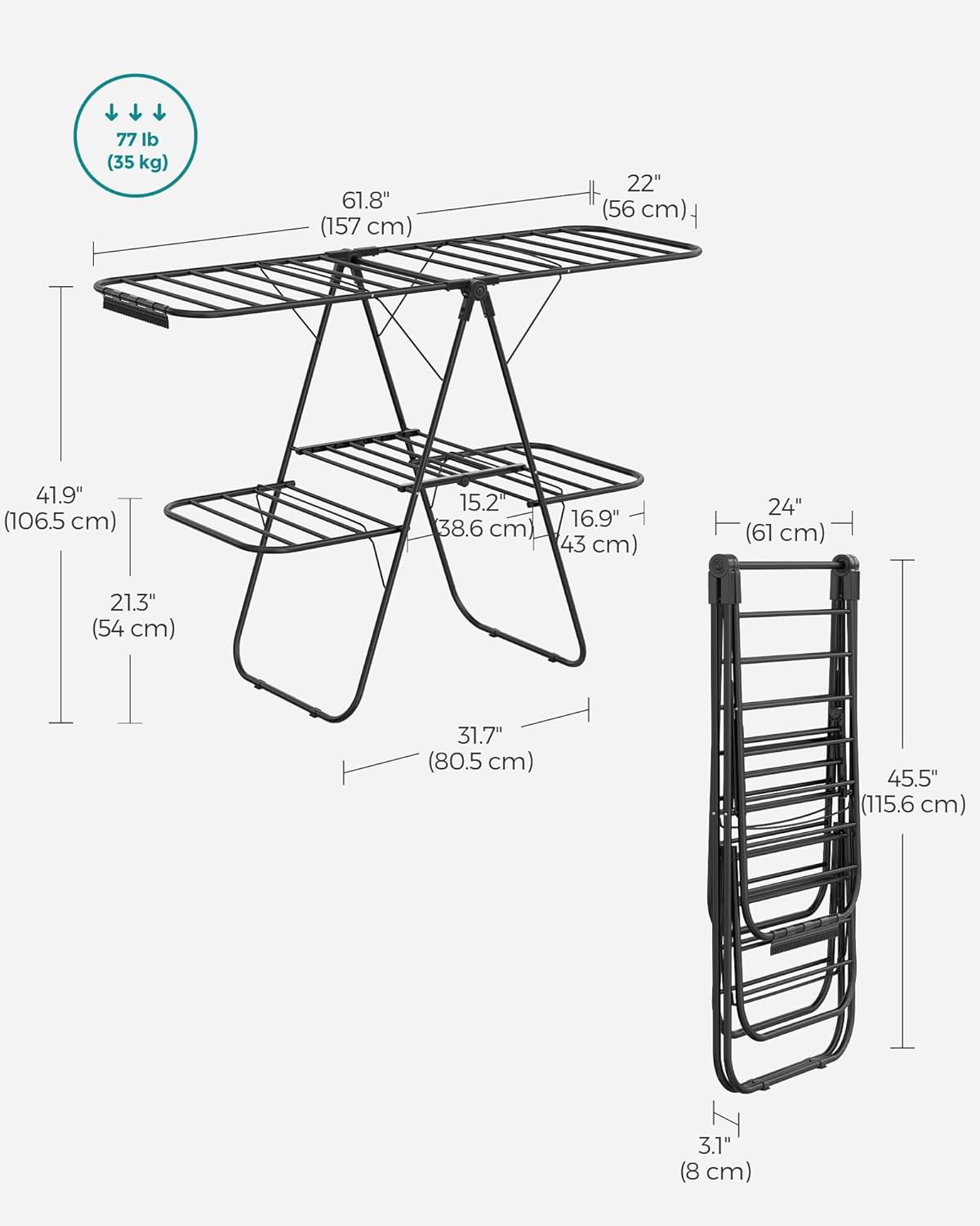 SONGMICS Clothes Drying Rack, Foldable 2-Level Laundry Drying Rack, Free-Standing Laundry Airer