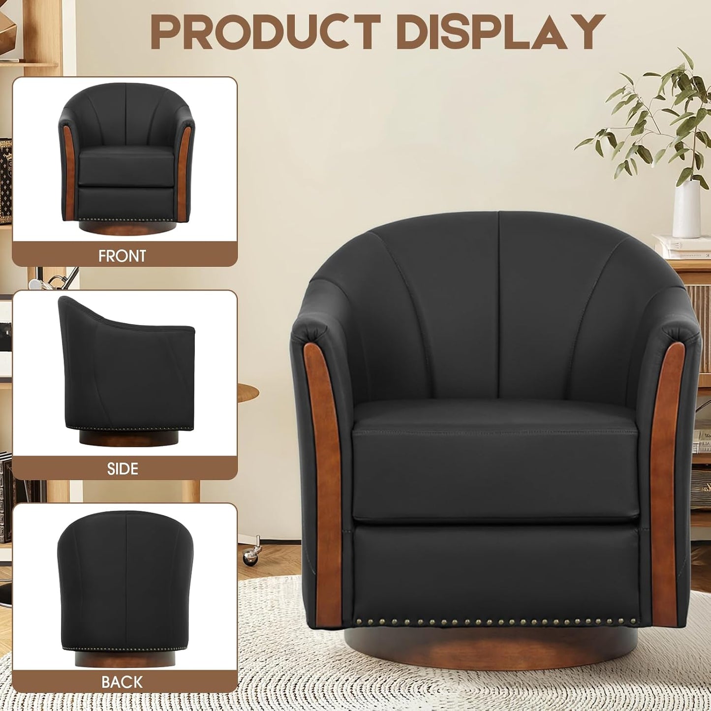 360° Swivel Accent Chair, Modern Leather Barrel Club Chair with PU Leather Upholstery and Sturdy
