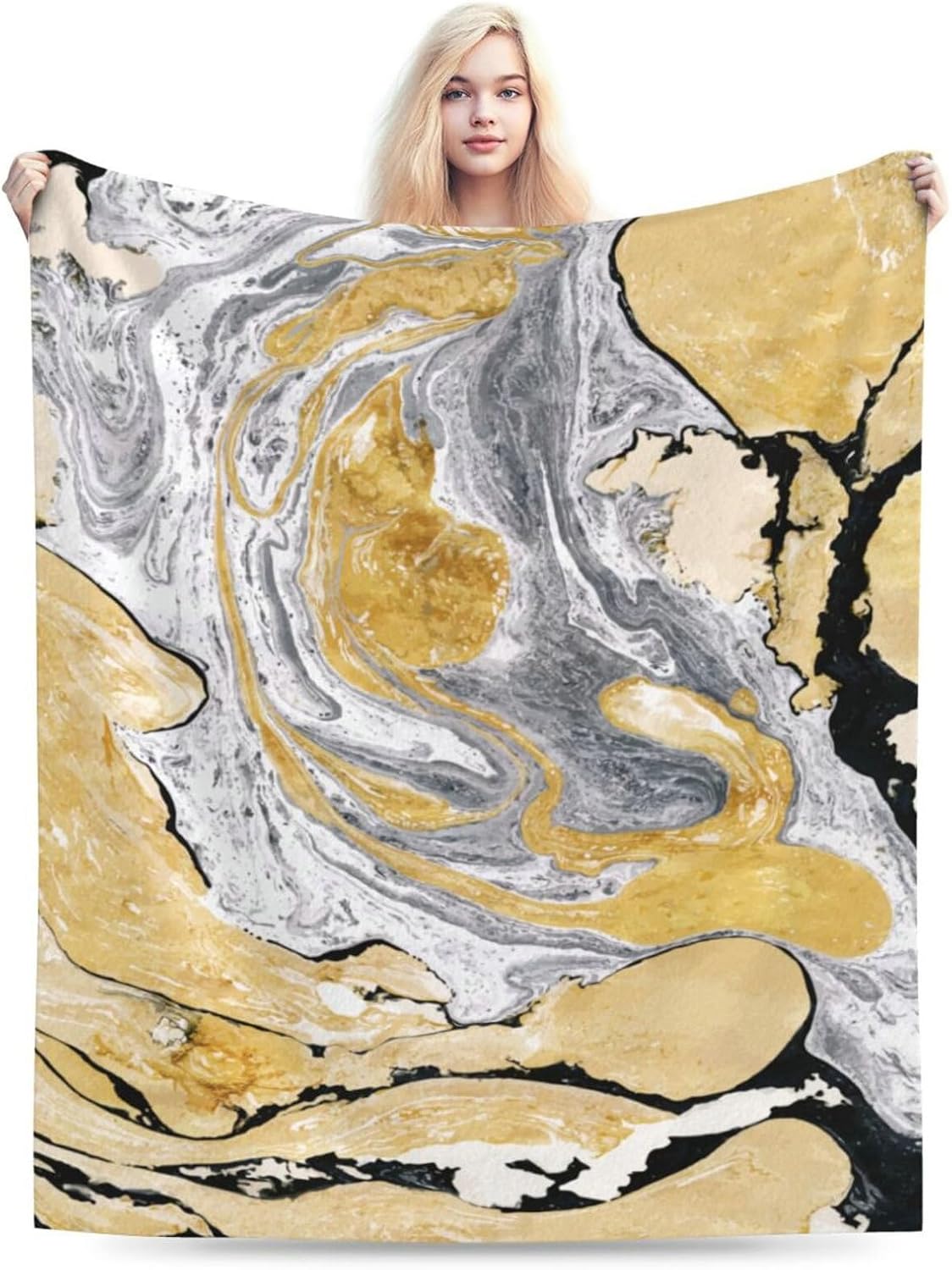 HGOD DESIGNS Gold Golden and Silver Marble Ink Abstract Painting Flannel Fleece Bed Blanket Throw
