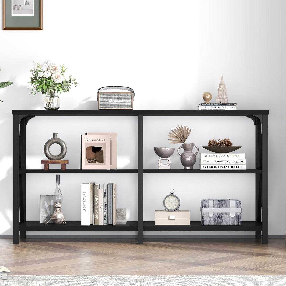 LVB Black Console Table, Modern Entryway Table with 3 Tier Storage Shelves, Industrial Sofa Table
