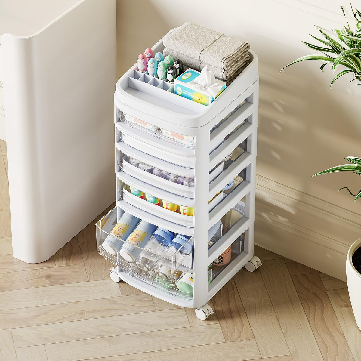 Rolling Cart with 6 Drawers, Clear Plastic Drawer Organizers, Vanity Cart