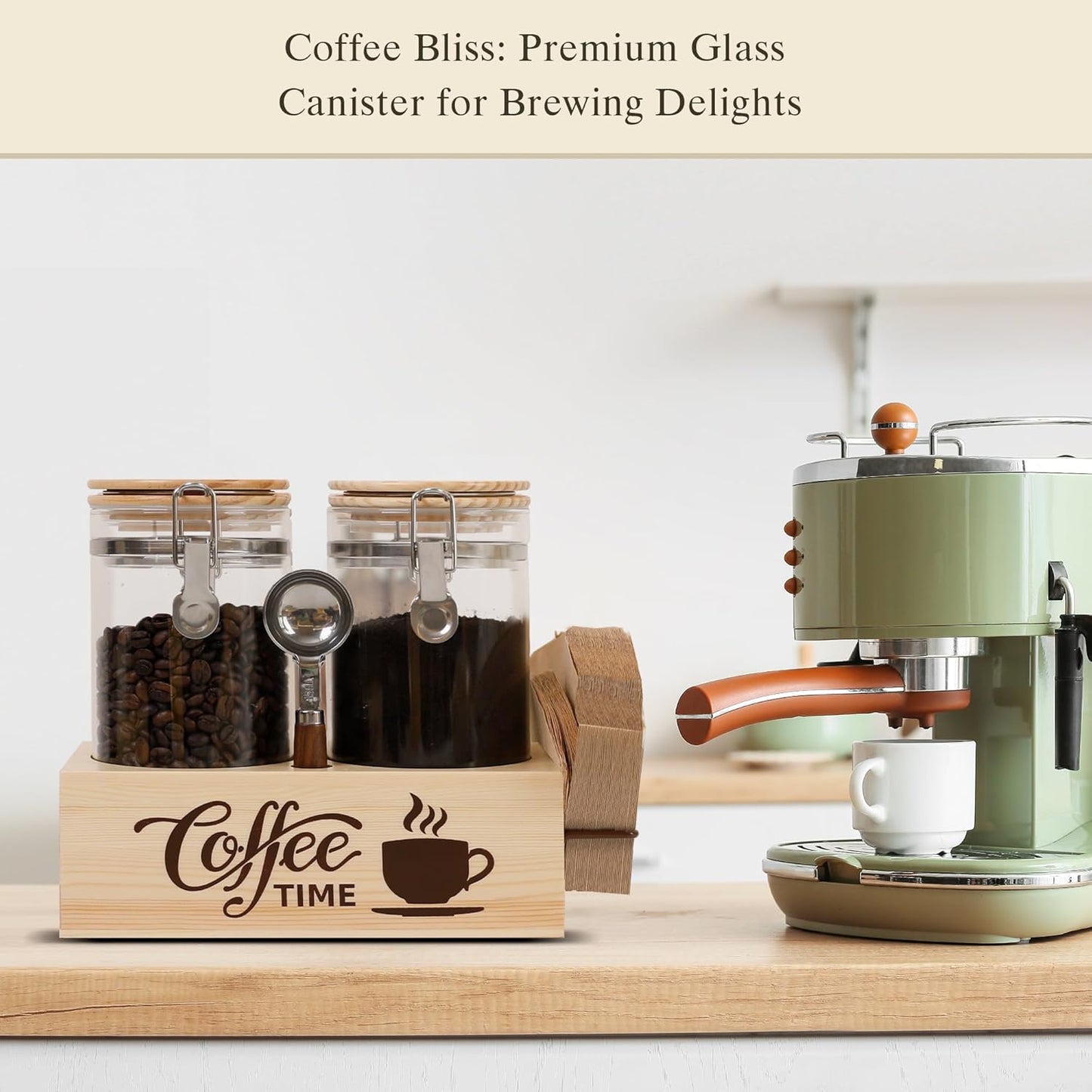 Glass Coffee Canister Set with Shelf & Spoon 2 Piece Coffee Containers for Coffee Bean Storage