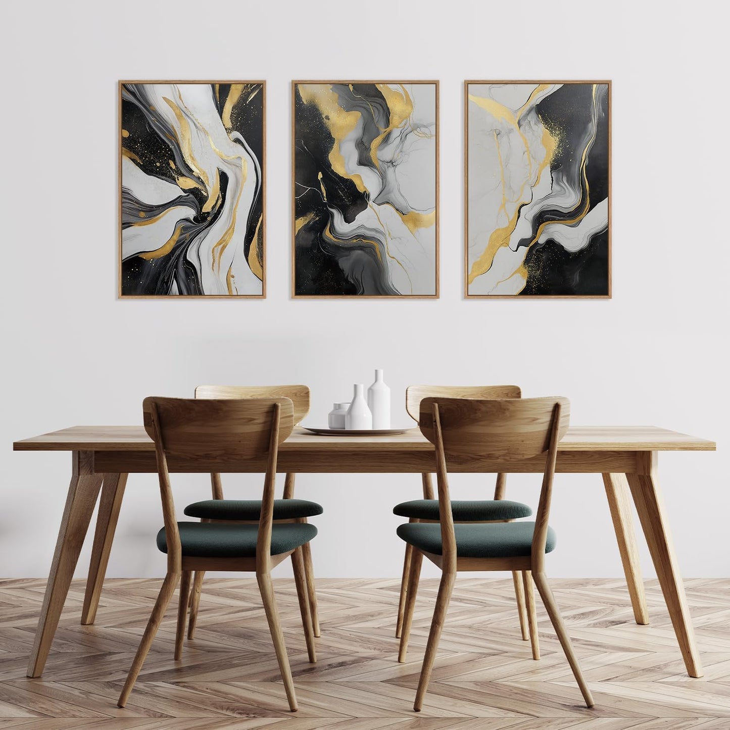 HLNIUC Abstract Gold and Black Framed Canvas Wall Art,Large Neutral Black and White Wall Decor Set