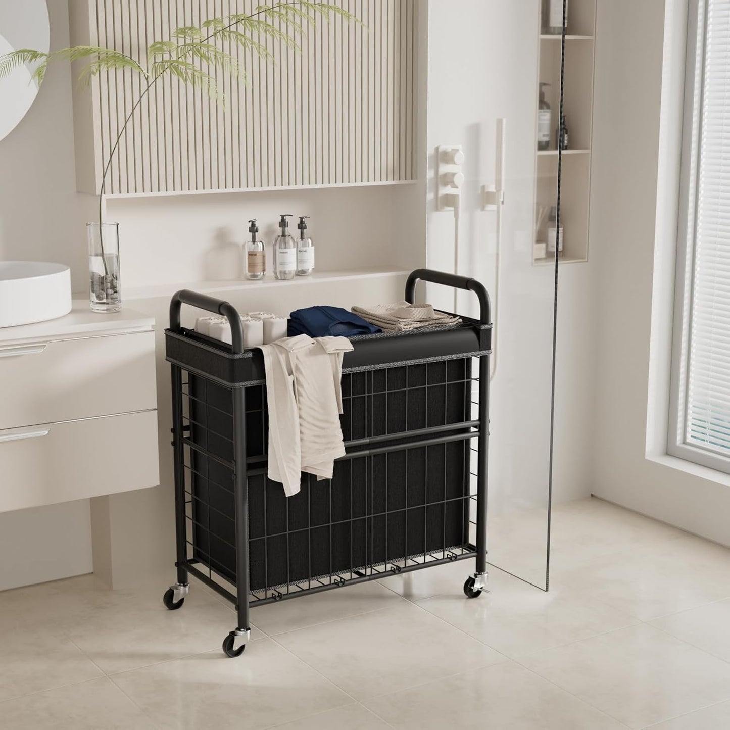Laundry Hamper 3 Section, 145L Rolling Laundry Sorter Basket with Wheels, 3 Compartment Clothes