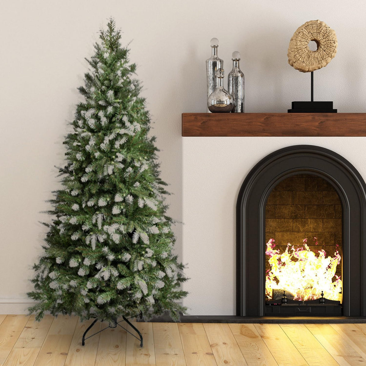 Naomi Home 4.5ft White Tip Christmas Tree with Lights, Realistic Light Snow Flocked Fir Prelit with