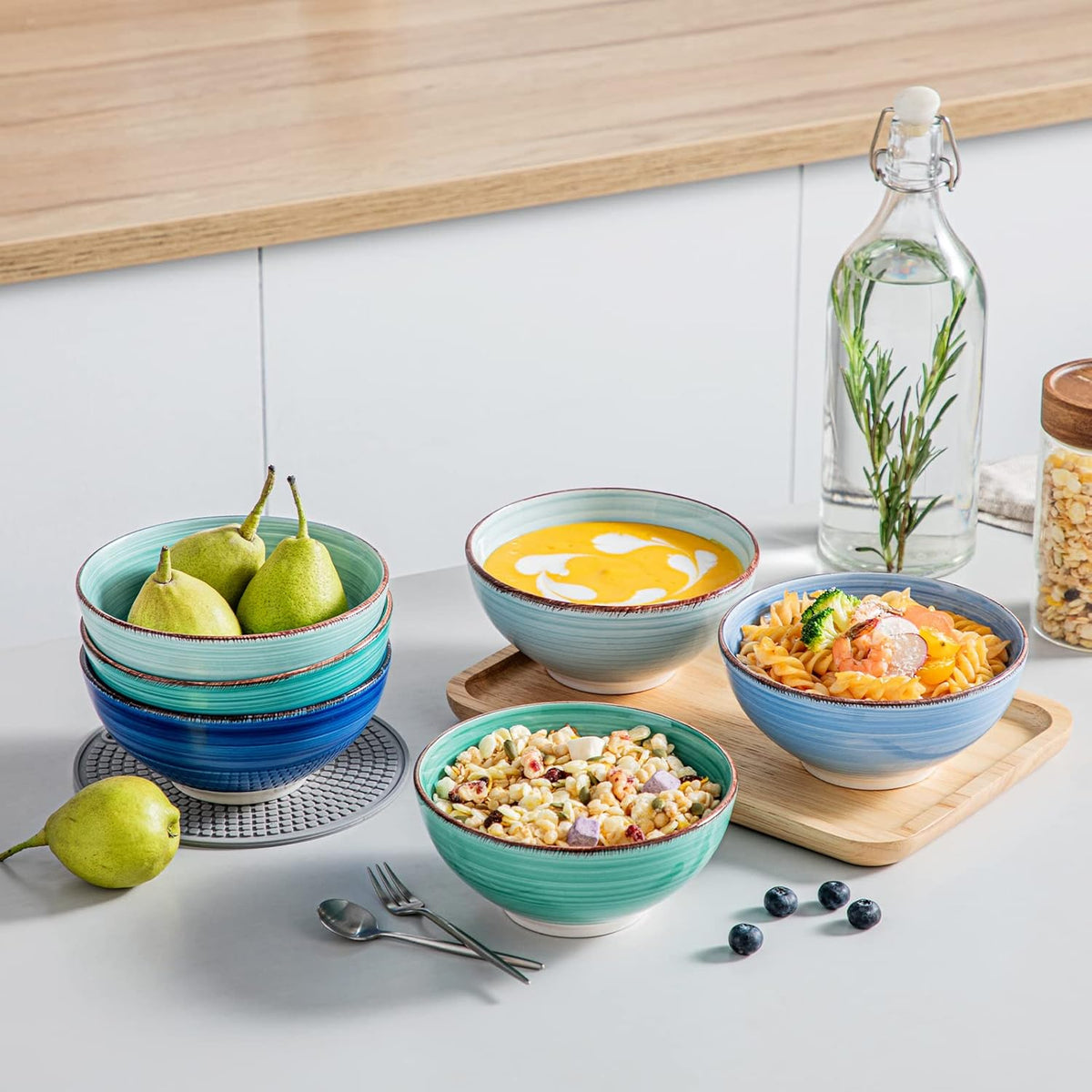 vancasso Bonita 27 Oz Cereal Bowls Set of 6, Blue Ceramic Bowls for Kitchen, 6 Inch Soup Bowls