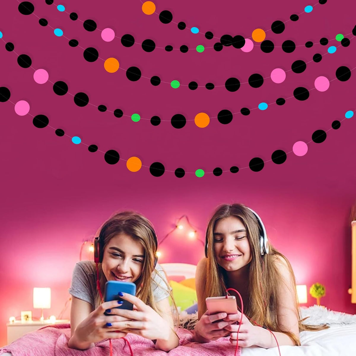 Black and Colorful Circle Dots Hanging Paper Streamer Black Multi-Color Polka Dot Banner for