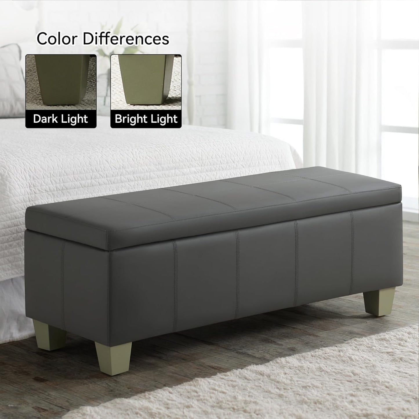 51" Faux Leather Storage Ottoman, Stitch Tufted Rectangle Upholstered End of Bed Storage Bench
