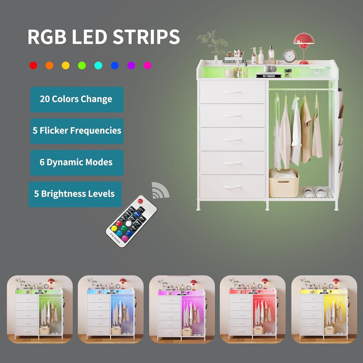 LUMTOK Modern 5 Dresser with LED Hanging Rack, Dresser with Clothes Rack, Hanger Rack, and Storage