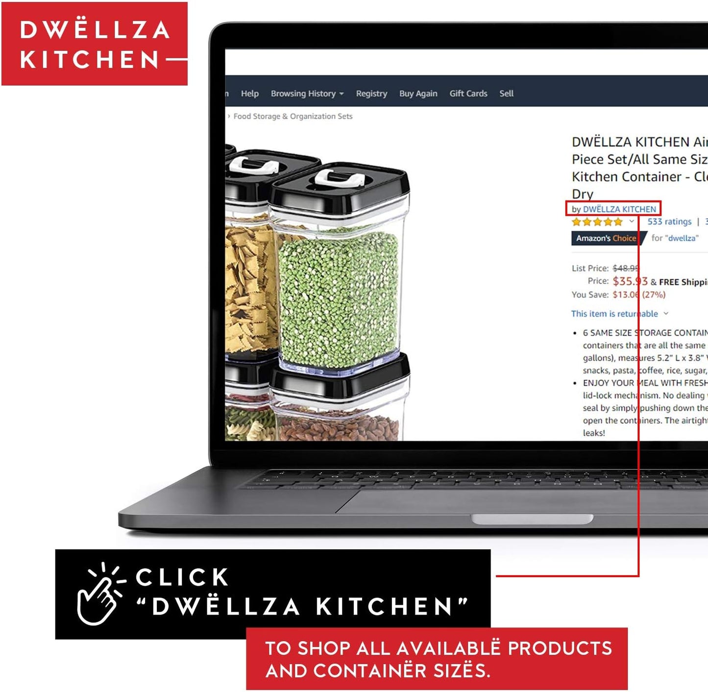 DWËLLZA KITCHEN Airtight Food Storage Containers - Pantry Snacks Kitchen Container, Baking