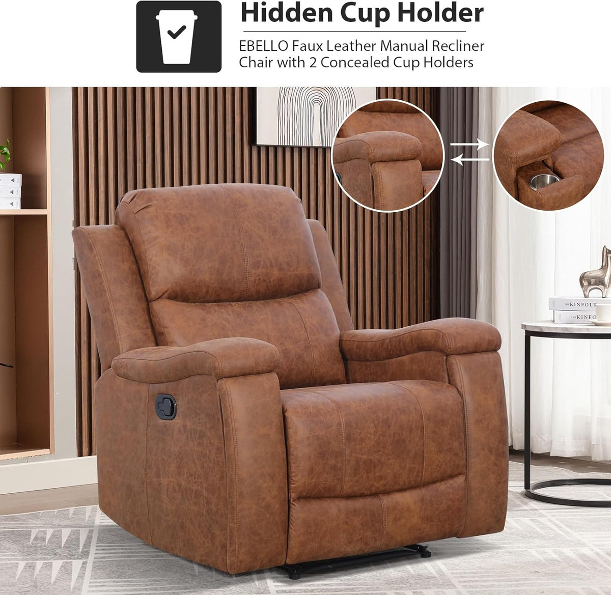 Brown Recliner Chair, Single Overstuffed Sofa Recliners, Breathable Faux Leather Manual Reclining