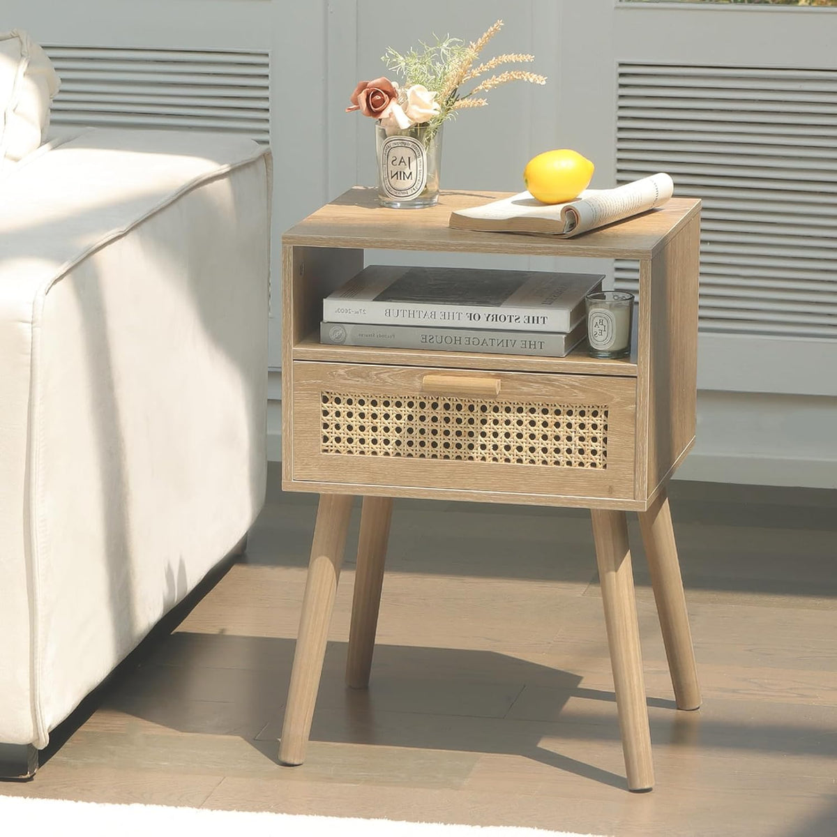 MaxSmeo Rattan Nightstand with Drawer, Mid Century Modern Wood Bedside Table for Living Room