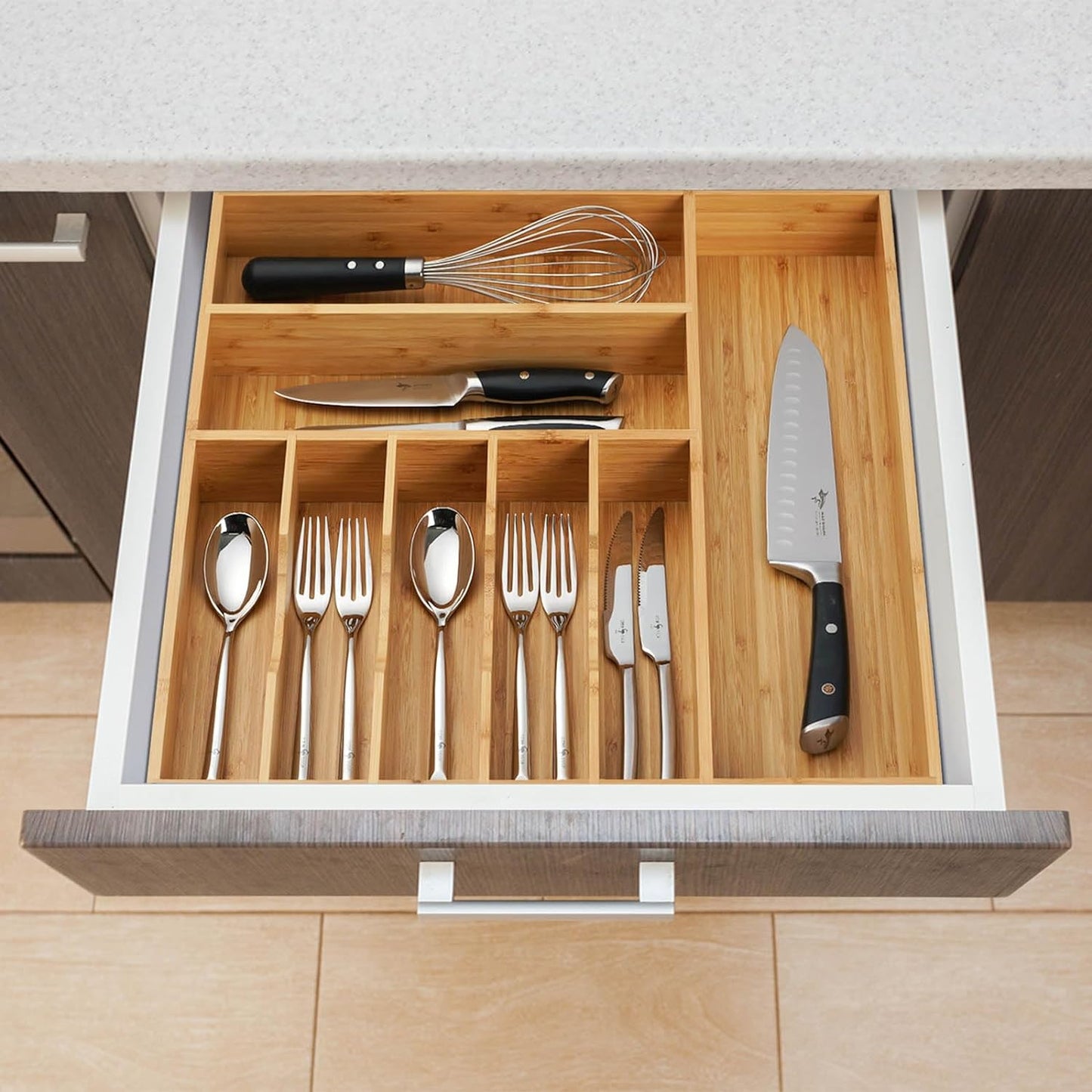Umilife Large Kitchen Drawer Organizer, 19"x19" Silverware Utensils Organizer, 2.5" High for Large