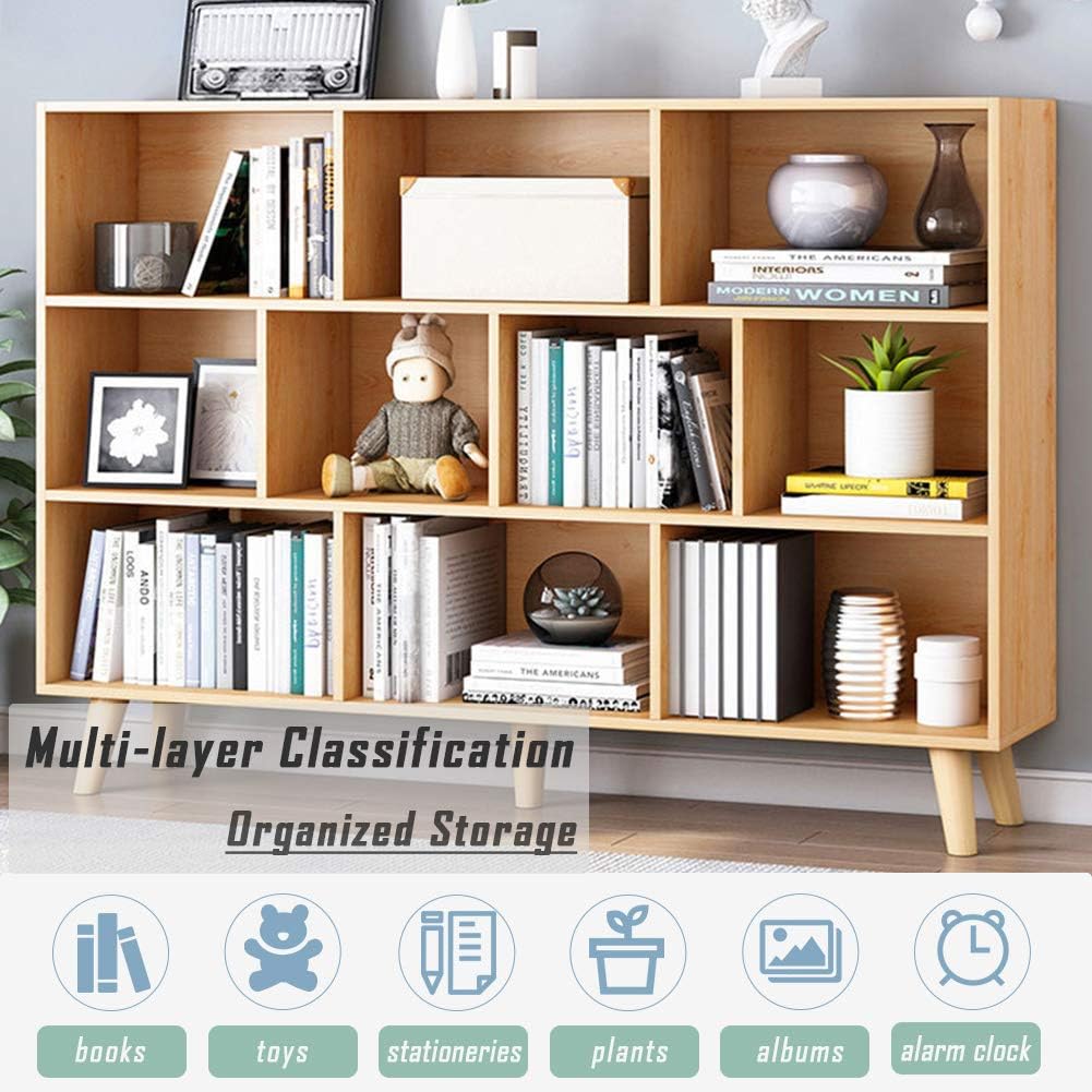 IOTXY Wooden Open Shelf Bookcase - 3-Tier Floor Standing Display Cabinet Rack with Legs, 10 Cubes