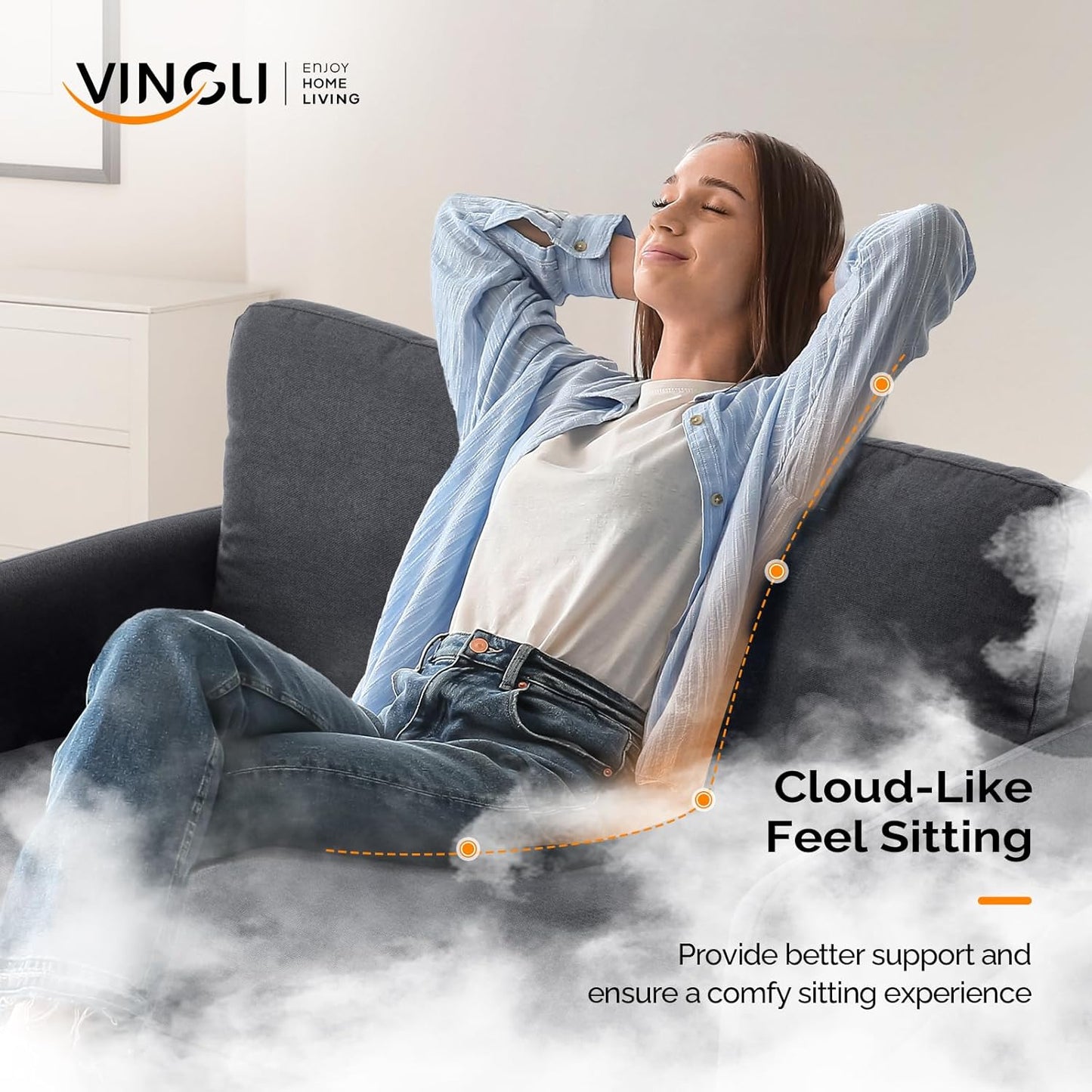 VINGLI 47" Small Couch, Linen Loveseat Sofa Black Mini Couch Mid Century Modern Decor Love Seat for