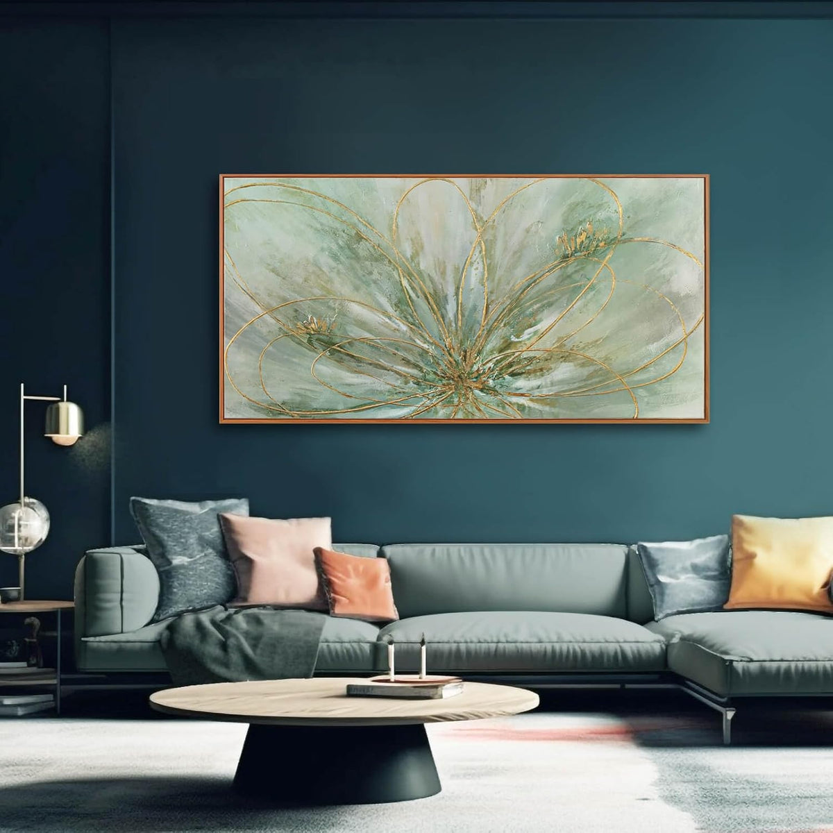Framed Canvas Prints Gold Line Poster Abstract Wall Ar Green Pictures Wall Decor 29"x 58" Modern