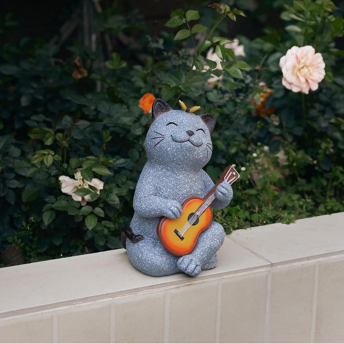 Cat Garden Statue Outdoor Decor, Cat Sculpture with Guitar and Butterfly for Yard Lawn Patio